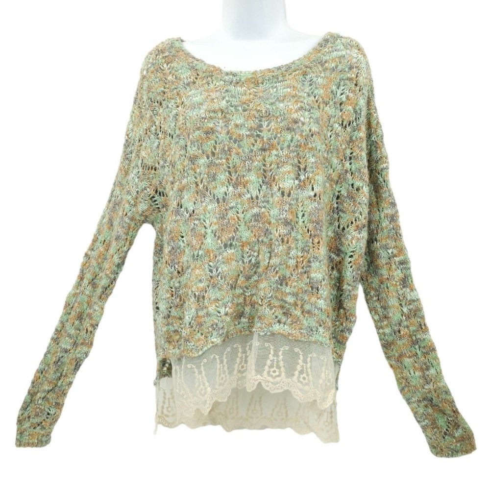 Gimmicks By BKE Pullover Sweater Womens Size L Open Knit Lace Hem Trim Green Tan